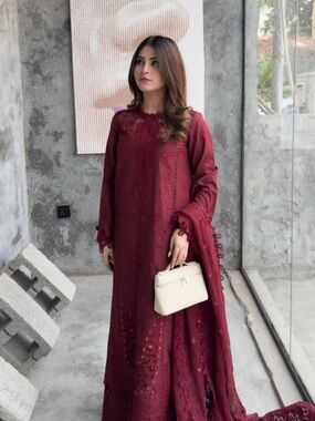 Women's Long Sleeve Embroidered Maroon Maxi Dress with Matching Scarf